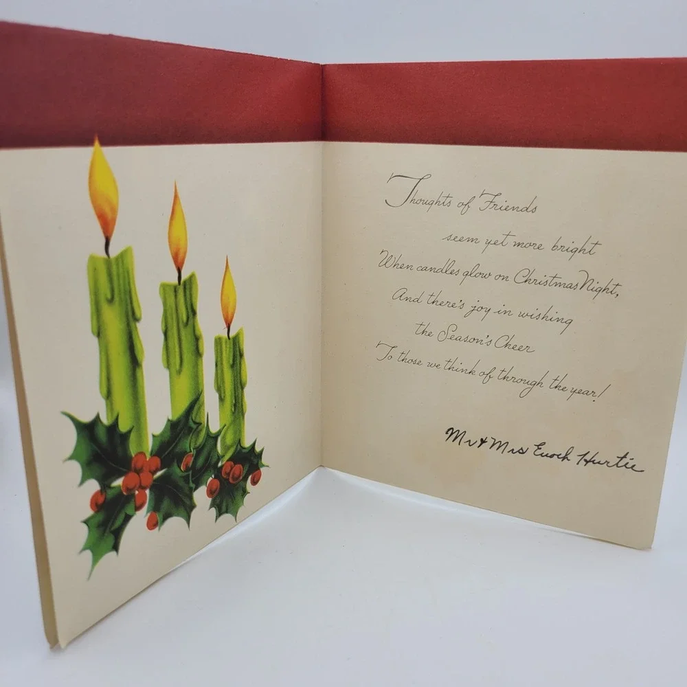 Vintage At Christmas Card Candles Holly Berries Gold Glitter Made‎ in USA
